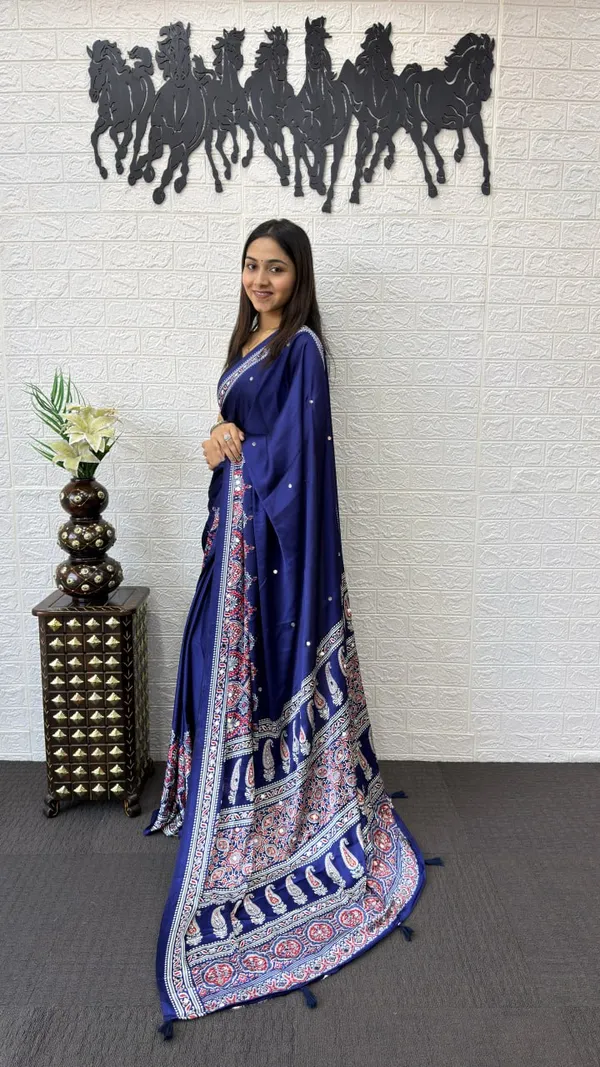 Womens_Premium_Royal_Blue_Ajrakh_Printed_Cotton_Blend_Saree_With_Designer_Border_And_Tassel_Pallu