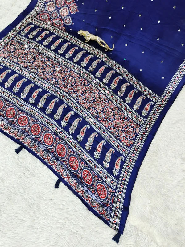 Womens_Premium_Royal_Blue_Ajrakh_Printed_Cotton_Blend_Saree_With_Designer_Border_And_Tassel_Pallu