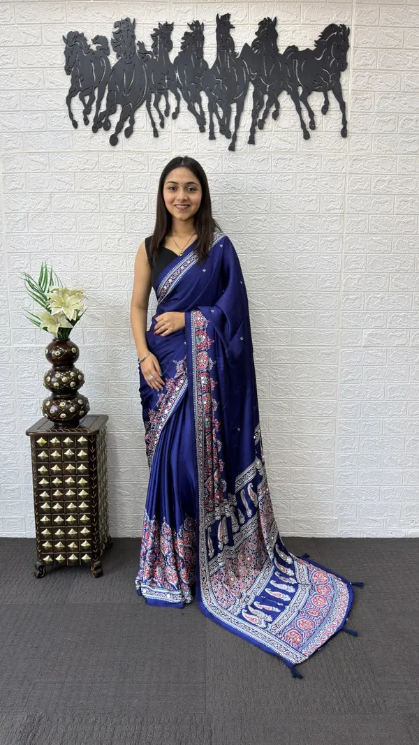 Womens_Premium_Royal_Blue_Ajrakh_Printed_Cotton_Blend_Saree_With_Designer_Border_And_Tassel_Pallu