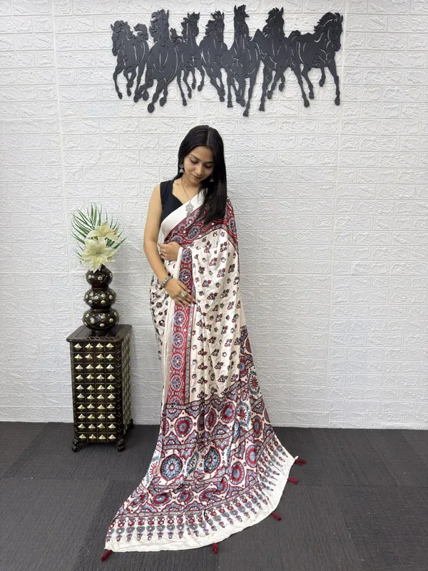 Womens_Premium_White_Ajrakh_Printed_Cotton_Blend_Saree_With_Designer_Border_And_Tassel_Pallu_And_Mirror_Work