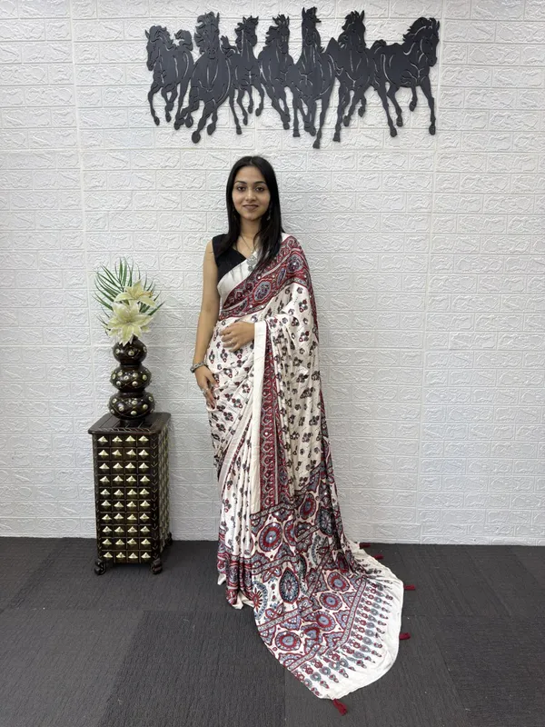 Womens_Premium_White_Ajrakh_Printed_Cotton_Blend_Saree_With_Designer_Border_And_Tassel_Pallu_And_Mirror_Work
