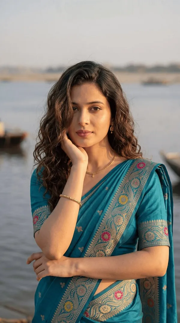 Women’s_Teal_Blue_Designer_Saree_with_Floral_Motifs_&_Golden_Border