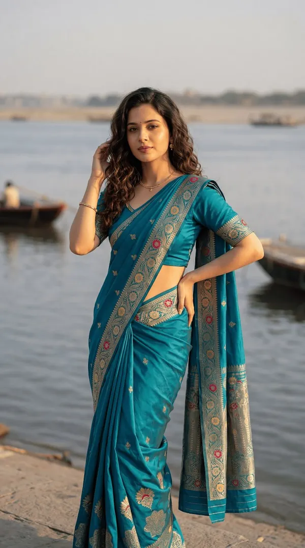 Women’s_Teal_Blue_Designer_Saree_with_Floral_Motifs_&_Golden_Border