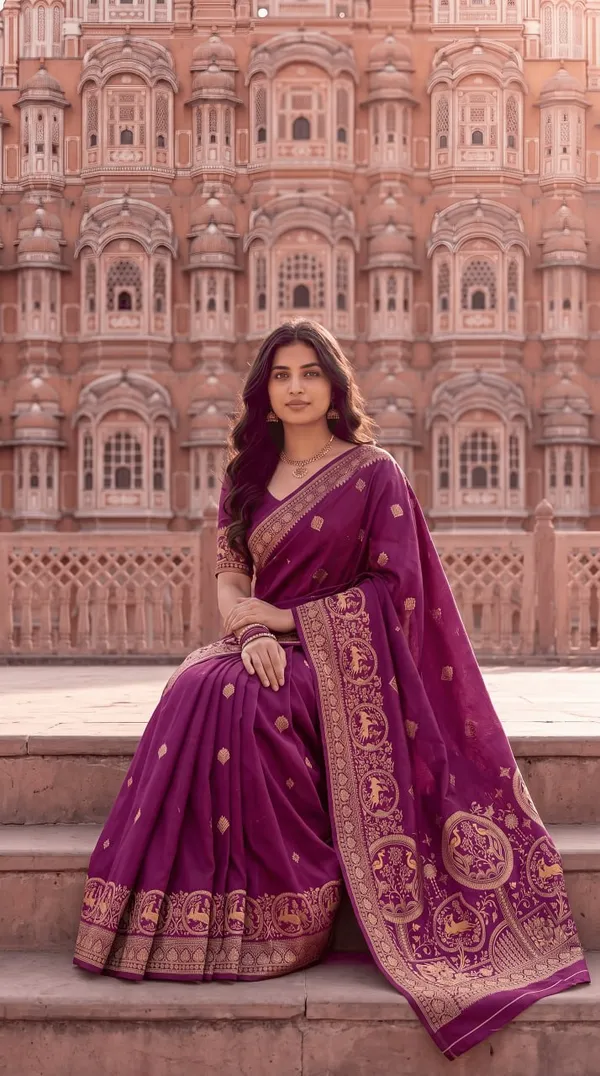 Women’s_Wine_Purple_Banarasi_Style_Designer_Saree_with_Golden_Zari_Border