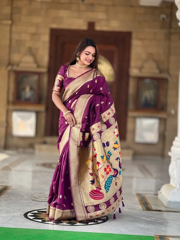 Women’s_Wine_Purple_Designer_Saree_with_Peacock_Print_&_Golden_Zari_Border