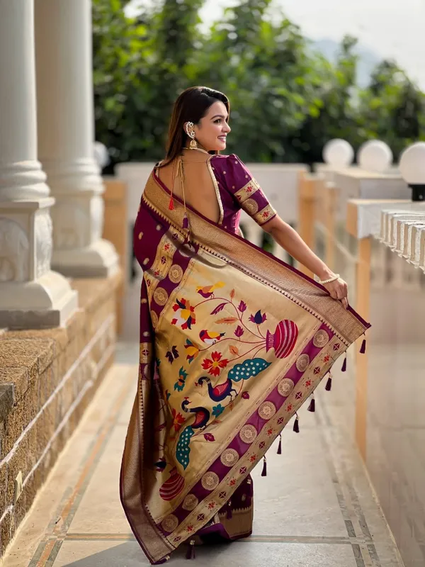 Women’s_Wine_Purple_Designer_Saree_with_Peacock_Print_&_Golden_Zari_Border