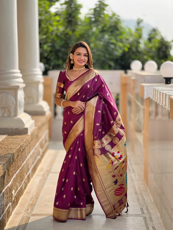Women’s_Wine_Purple_Designer_Saree_with_Peacock_Print_&_Golden_Zari_Border