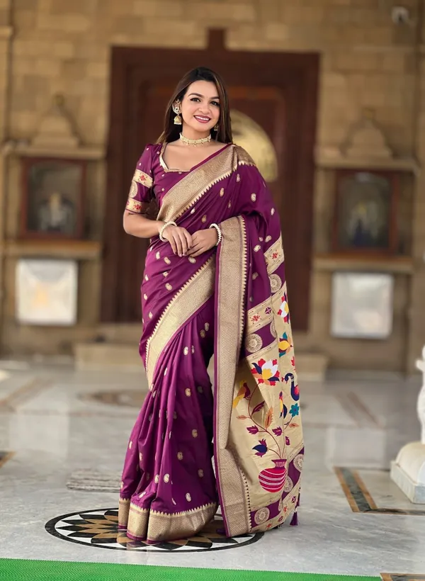 Women’s_Wine_Purple_Designer_Saree_with_Peacock_Print_&_Golden_Zari_Border