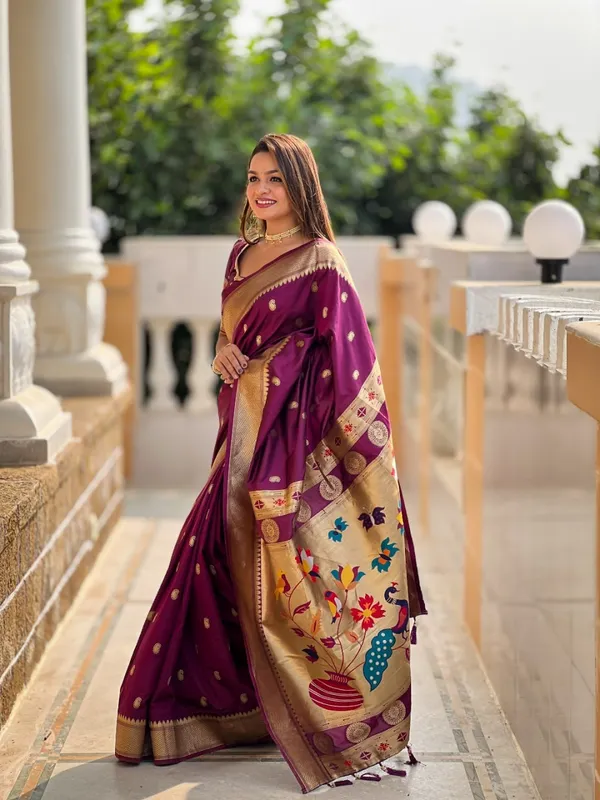 Women’s_Wine_Purple_Designer_Saree_with_Peacock_Print_&_Golden_Zari_Border