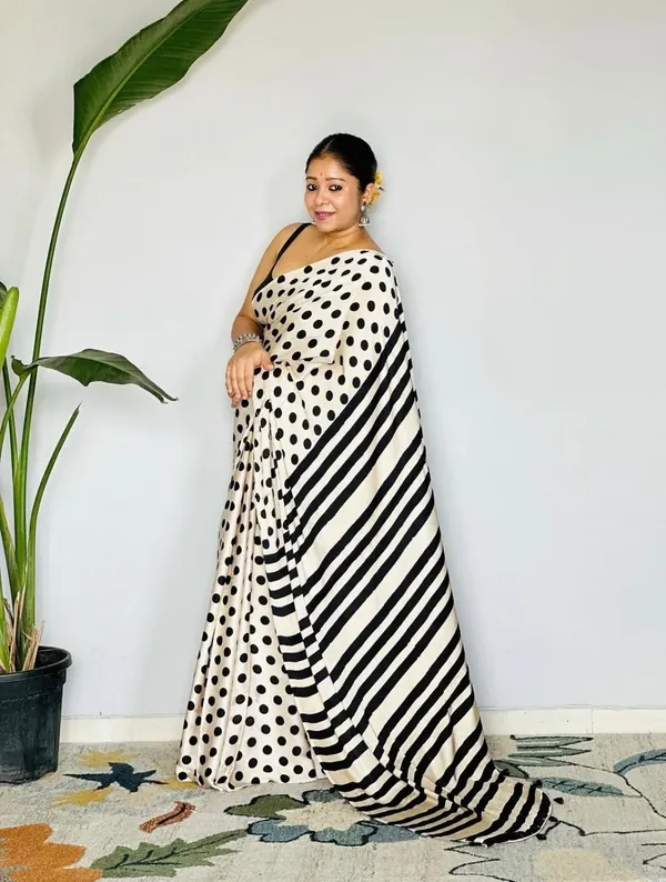 White_Black_Polka_Dot_Striped_Saree_for_Women