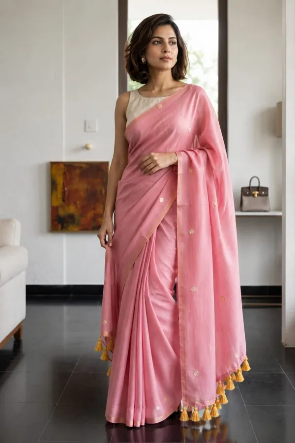Pink_Satin_Tassel_Detail_Saree_with_Contrast_Blouse_for_Women