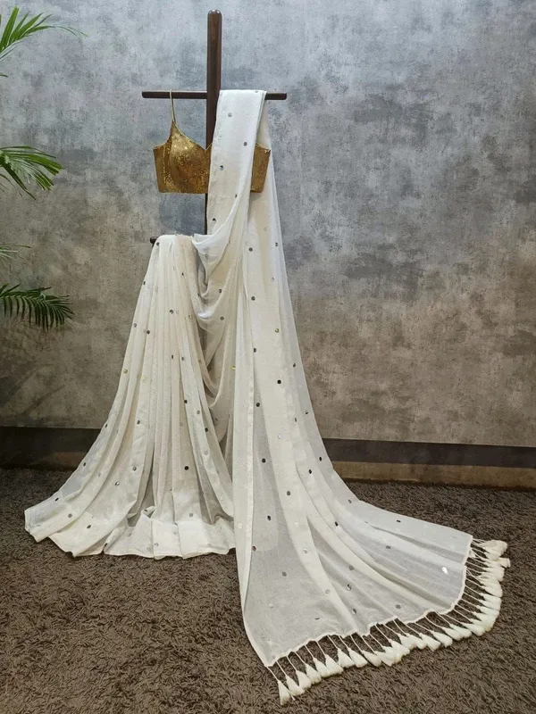 White_Satin_Mirror_Work_Saree_with_Gold_Sequin_Blouse