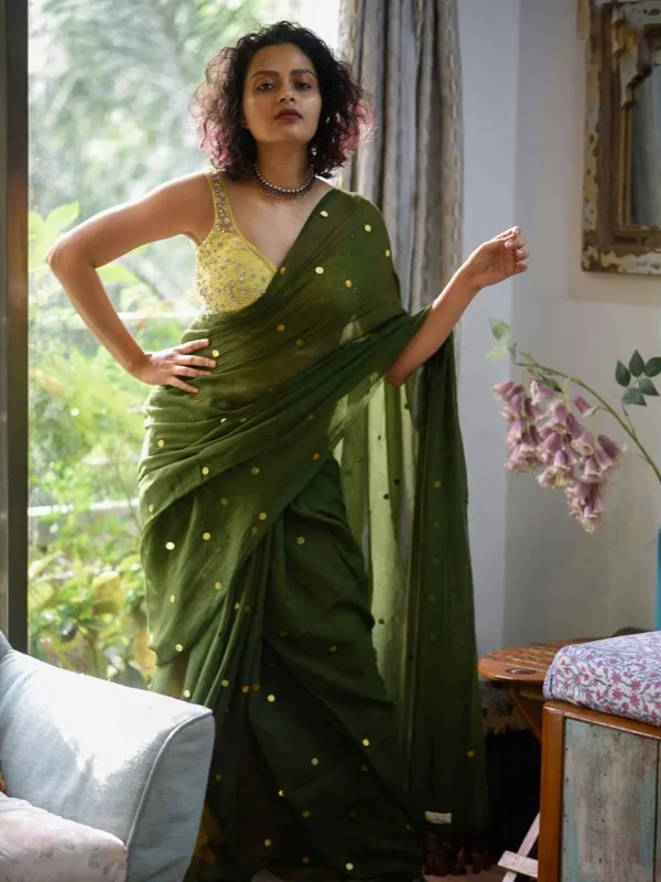 Olive_Green_Satin_Sequin_Embellished_Saree_with_Yellow_Blouse_for_Women