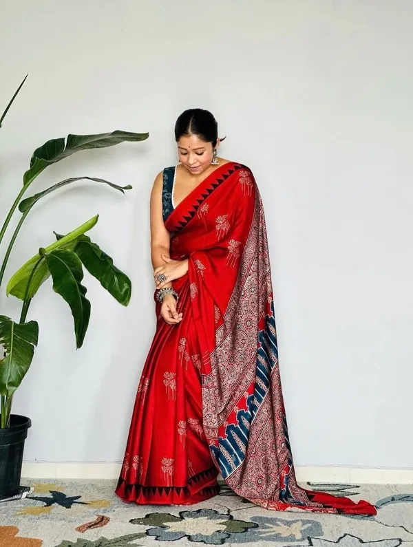Red_Satin_Ajrakh_Print_Ethnic_Saree_with_Contrast_Blouse