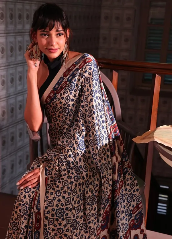 Beige_Satin_Ajrakh_Print_Traditional_Saree_for_Women