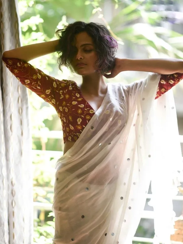 White_Satin_Mirror_Work_Saree_with_Maroon_Printed_Blouse