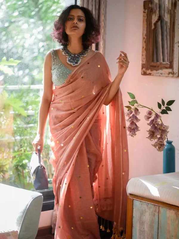 Peach_Satin_Sequin_Embellished_Saree_for_Women