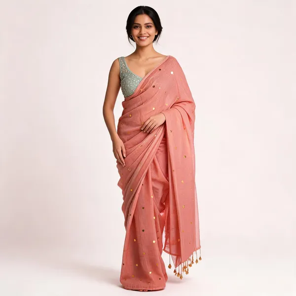 Peach_Satin_Sequin_Embellished_Saree_for_Women