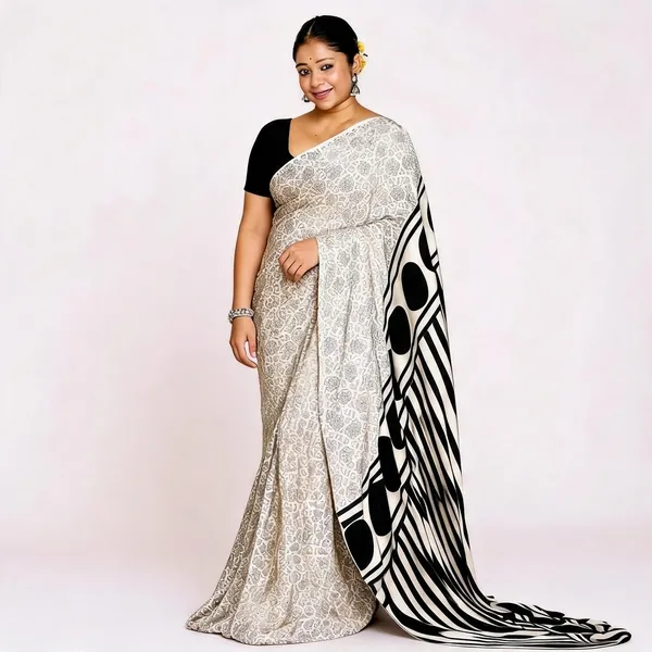 White_Satin_Printed_Saree_with_Black_Striped_Border_for_Women