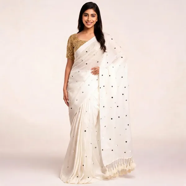 White_Satin_Mirror_Work_Saree_with_Gold_Sequin_Blouse