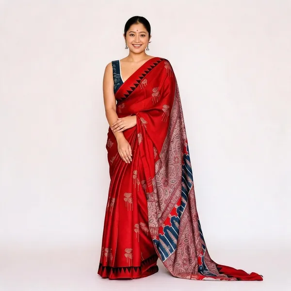 Red_Satin_Ajrakh_Print_Ethnic_Saree_with_Contrast_Blouse