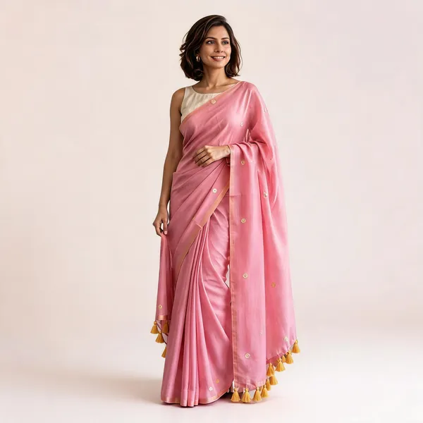 Pink_Satin_Tassel_Detail_Saree_with_Contrast_Blouse_for_Women