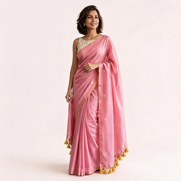 Pink_Satin_Tassel_Detail_Saree_with_Contrast_Blouse_for_Women