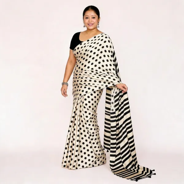 White_Black_Polka_Dot_Striped_Saree_for_Women