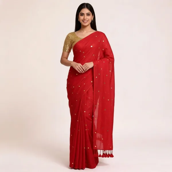 Red_Satin_Mirror_Work_Saree_with_Gold_Blouse