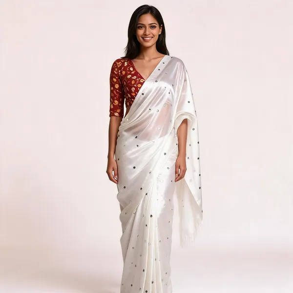 White_Satin_Mirror_Work_Saree_with_Maroon_Printed_Blouse