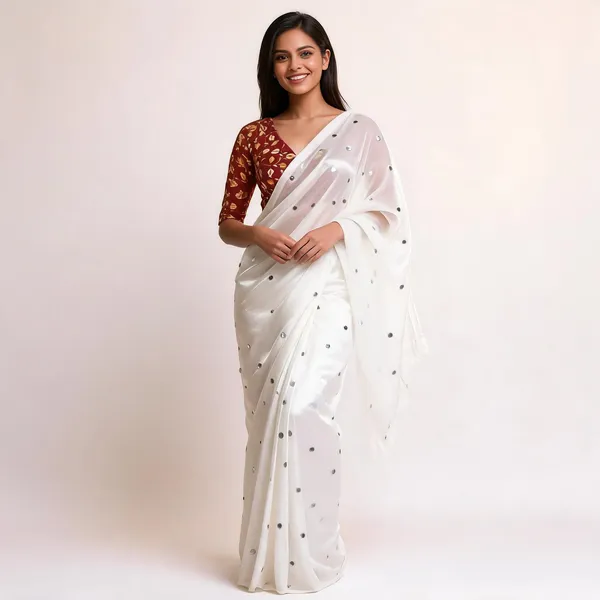 White_Satin_Mirror_Work_Saree_with_Maroon_Printed_Blouse