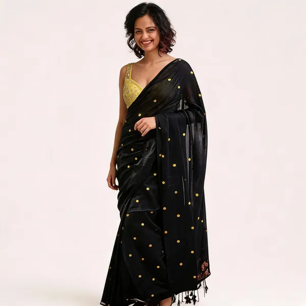 Black_Satin_Sequin_Embellished_Saree_with_Yellow_Blouse_for_Women
