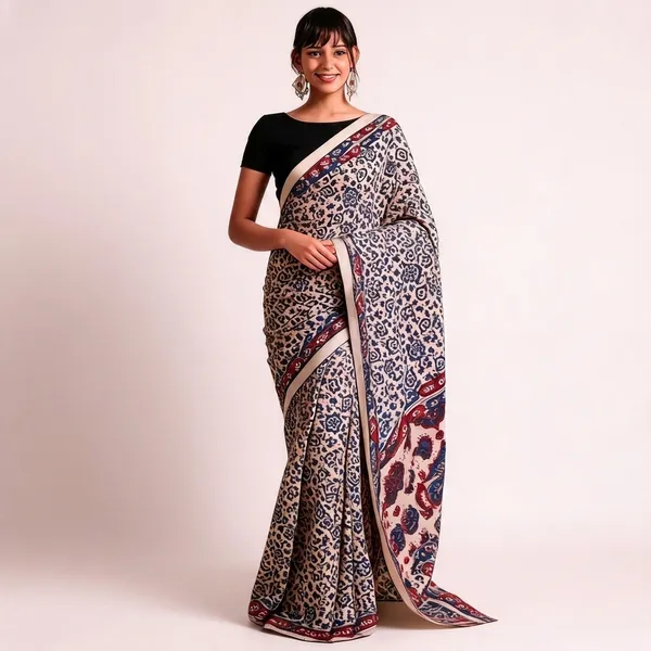 Beige_Satin_Ajrakh_Print_Traditional_Saree_for_Women