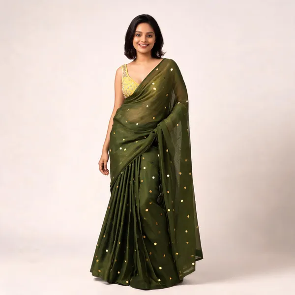 Olive_Green_Satin_Sequin_Embellished_Saree_with_Yellow_Blouse_for_Women