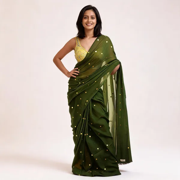 Olive_Green_Satin_Sequin_Embellished_Saree_with_Yellow_Blouse_for_Women