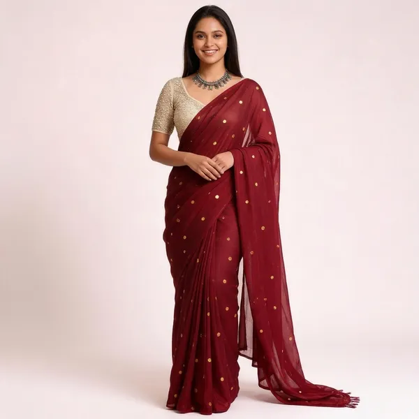 Maroon_Satin_Gold_Polka_Dot_Print_Saree_for_Women