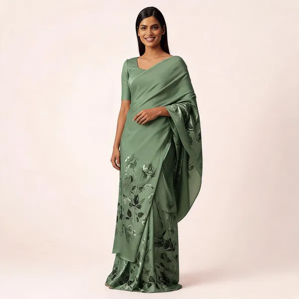 Sage_Green_Satin_Floral_Print_Draped_Saree_for_Women