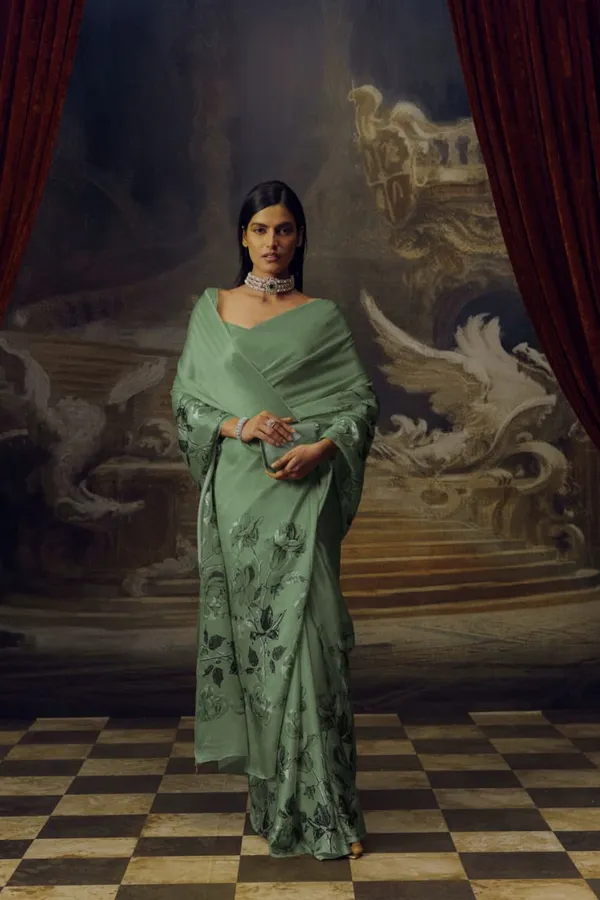 Sage_Green_Satin_Floral_Print_Draped_Saree_for_Women