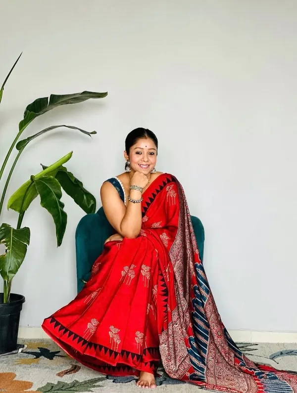 Red_Satin_Ajrakh_Print_Ethnic_Saree_with_Contrast_Blouse