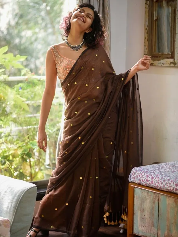 Brown_Satin_Sequin_Embellished_Saree_for_Women