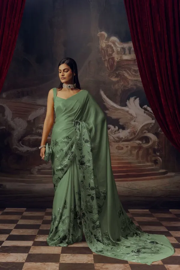 Sage_Green_Satin_Floral_Print_Draped_Saree_for_Women