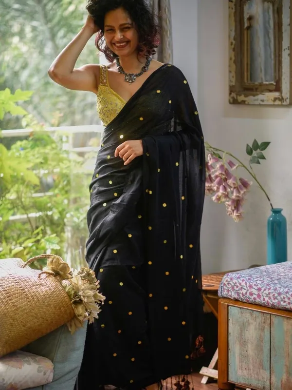 Black_Satin_Sequin_Embellished_Saree_with_Yellow_Blouse_for_Women