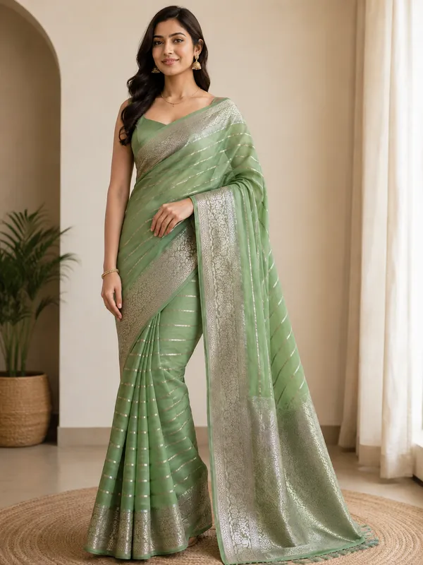 Green_Satin_Zari_Woven_Border_Saree_with_Blouse_Piece_for_Women
