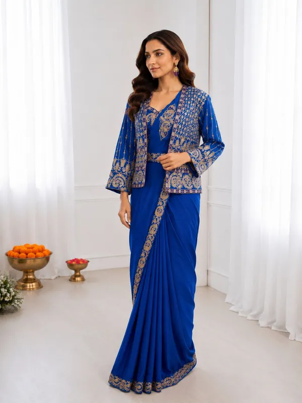 Premium_Ready-to-Wear_Blue_Saree_with_Jacket_&_Blouse