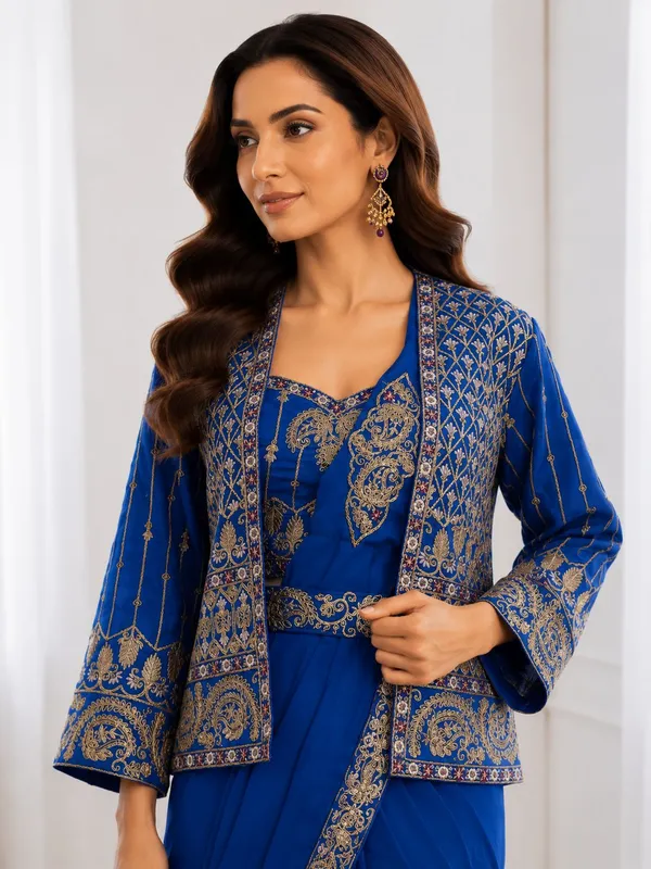 Premium_Ready-to-Wear_Blue_Saree_with_Jacket_&_Blouse