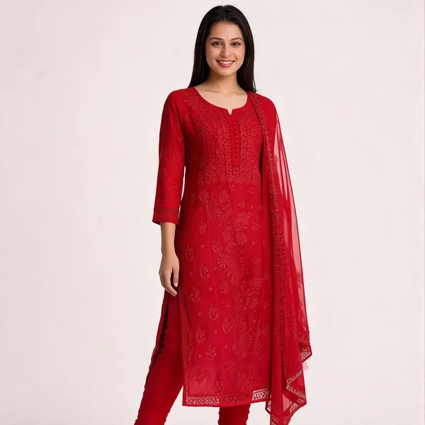 Red_Chikankari_Kurti_Set_With_Dupatta_For_Women
