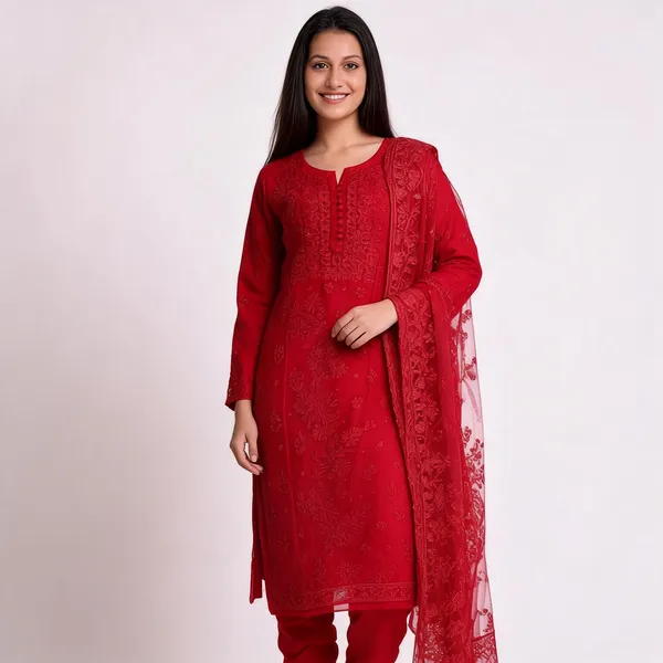 Red_Chikankari_Kurti_Set_With_Dupatta_For_Women