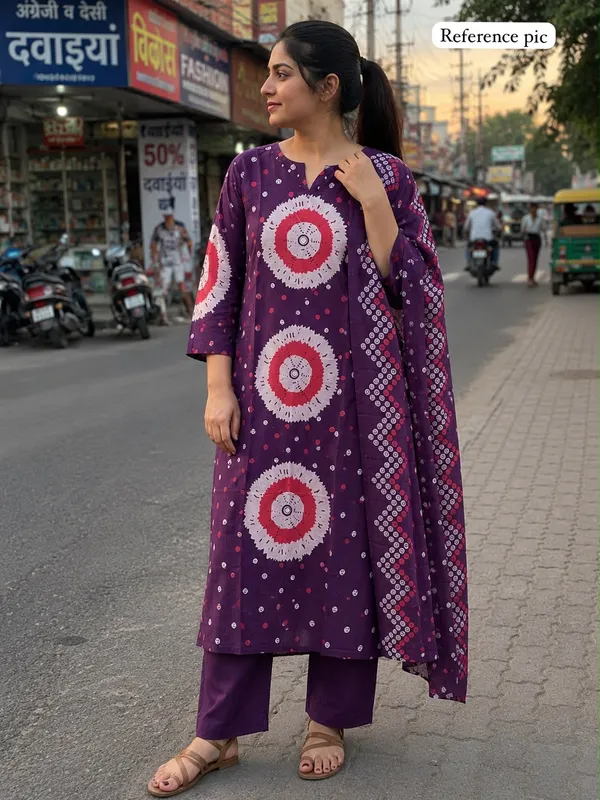 Purple_Bandhani_Print_Straight_Fit_Cotton_Kurti_Pant_with_Dupatta