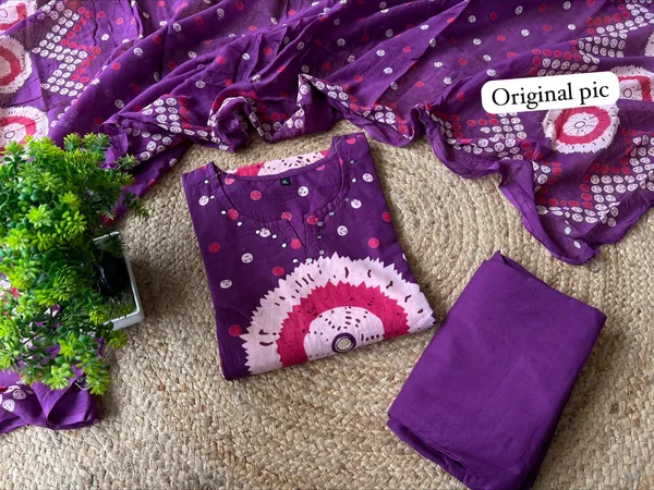 Purple_Bandhani_Print_Straight_Fit_Cotton_Kurti_Pant_with_Dupatta