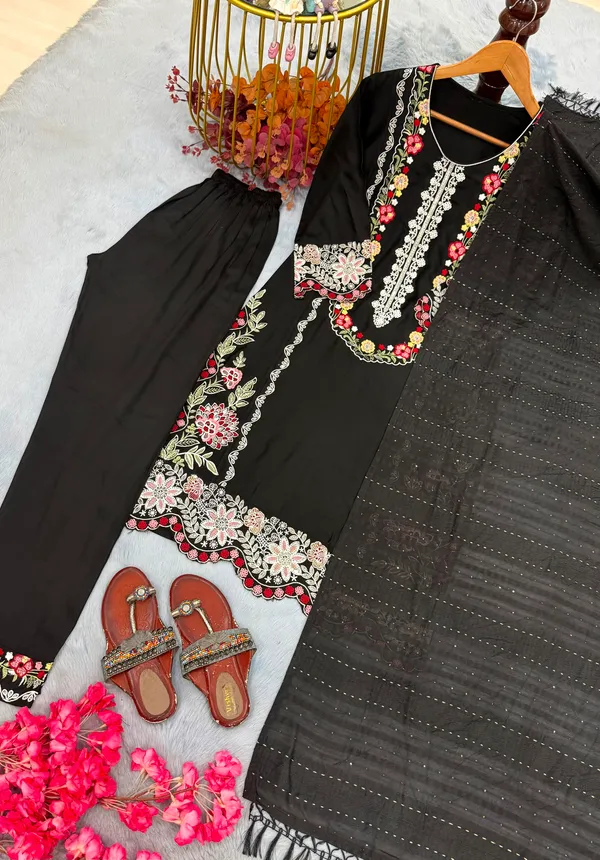 Magnetic_Satin_Rayon_Kurti_Suits_Set_With_Thread_Work_And_Viscose_Dupatta_For_Party_Wear